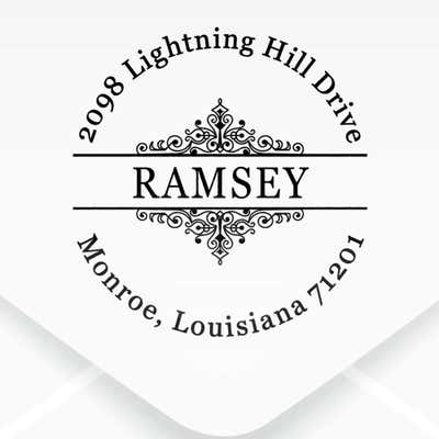 Ramsey Vintage Deco Address Stamp impression on an envelope