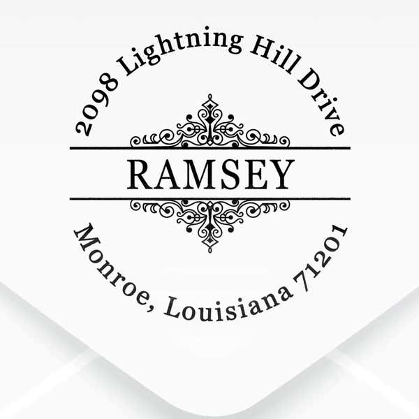 Ramsey Vintage Deco Address Stamp impression on an envelope