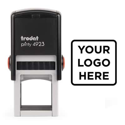 Small Custom Logo Stamp, 1"x1" shown with a custom logo design alongside its stamped impression