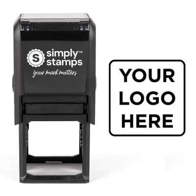 Medium Custom Logo Stamp, 1.6"x1.6" shown with a custom logo design alongside its stamped impression
