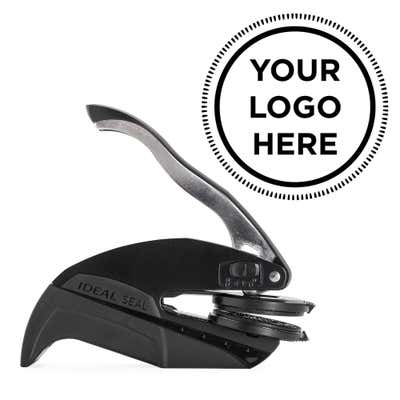 Seal Logo Embosser shown with a custom logo design alongside its stamped impression