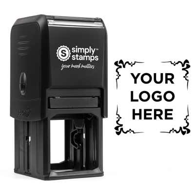 4 Corner Deco Border Logo Stamp shown with a custom logo design alongside its stamped impression