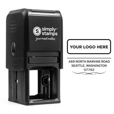 Vintage Logo Address Stamp shown with a custom logo design alongside its stamped impression