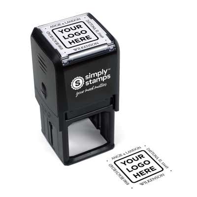 Four Way Square Logo Address Stamp shown with a custom logo design alongside its stamped impression