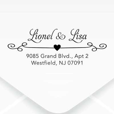 Heart Curly Return Address Stamp impression on an envelope