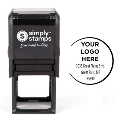 Open Circle Round Logo Stamp shown with a custom logo design alongside its stamped impression