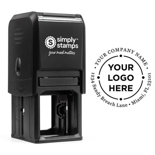 Orbital Round Logo Address Stamp shown with a custom logo design alongside its stamped impression