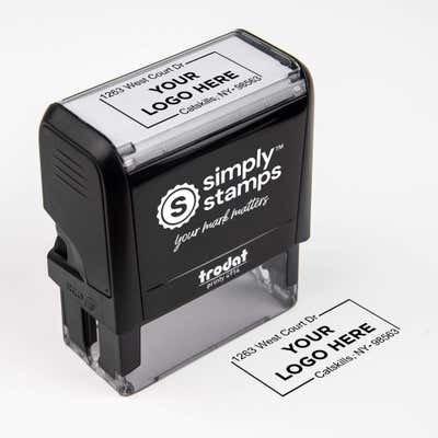 Self shown with a custom logo design alongside its stamped impression