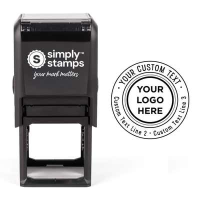 Custom Double Ring Logo Stamp shown with a custom logo design alongside its stamped impression