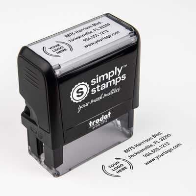 Double Ring Rectangle Logo Stamp shown with a custom logo design alongside its stamped impression