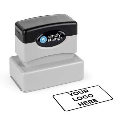 Small Custom Pre-Inked Logo Stamp,1"x 2" shown with a custom logo design alongside its stamped impression