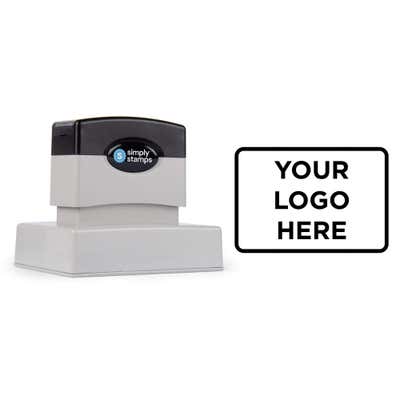 Medium 2-3/8" x 3-1/4" Custom Pre-Inked Logo Stamp shown with a custom logo design alongside its stamped impression