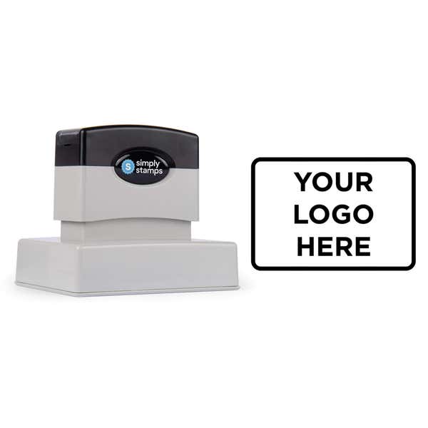 Medium 2-3/8" x 3-1/4" Custom Pre-Inked Logo Stamp shown with a custom logo design alongside its stamped impression