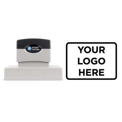 Extra Large Custom Pre-Inked Logo Stamp shown with a custom logo design alongside its stamped impression