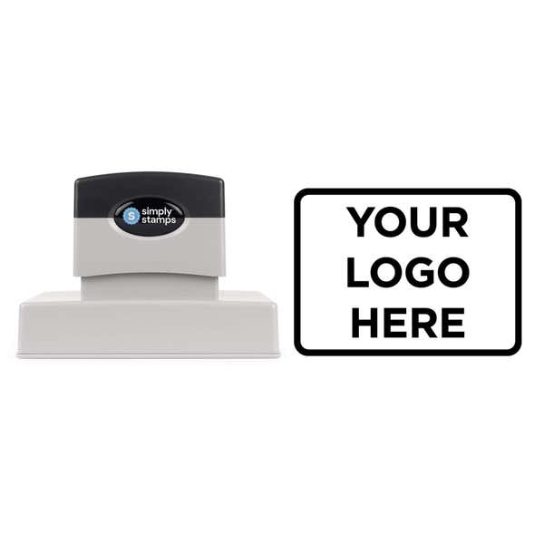 Extra Large Custom Pre-Inked Logo Stamp shown with a custom logo design alongside its stamped impression