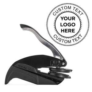 Logo Embosser Seal with Text shown with a custom logo design alongside its stamped impression