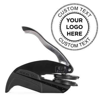 Logo Embosser Seal with Text shown with a custom logo design alongside its stamped impression