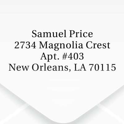 Serif Custom 4 Line Stamp impression on an envelope