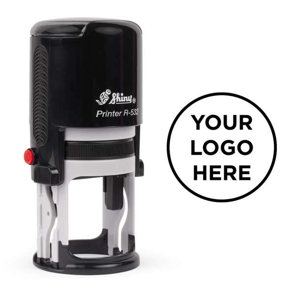 Small Round Self-Inking Logo Stamp shown with a custom logo design alongside its stamped impression