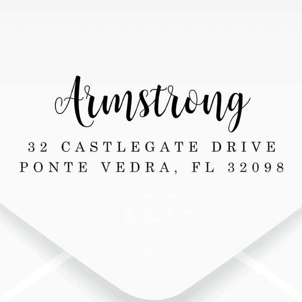 Impression of the Armstrong Address Stamp on a white envelope
