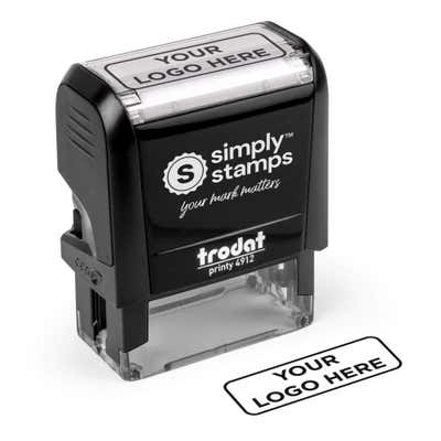 Custom Small Rectangle Logo Stamp shown with a custom logo design alongside its stamped impression