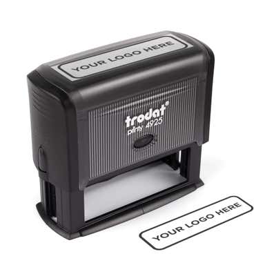Custom Large Rectangle Logo Stamp shown at an angle with its stamped impression