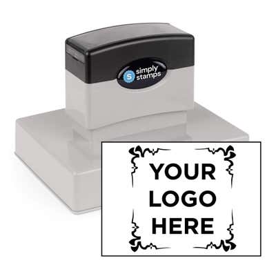 4 Corner Border Pre-Inked XL Logo Stamp shown with a custom logo design alongside its stamped impression