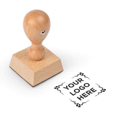 4 Corner Deco Border European Wood Handle Hand Stamp shown with a custom logo design alongside its stamped impression