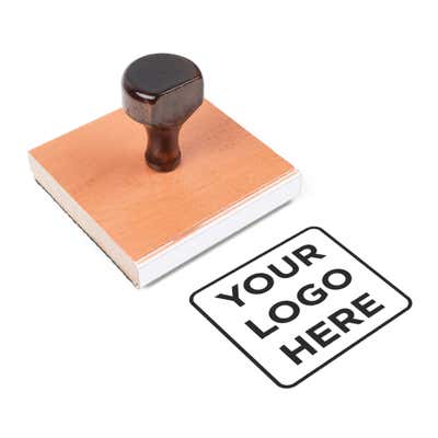 4 inch Custom Logo Stamp shown with a custom logo design alongside its stamped impression