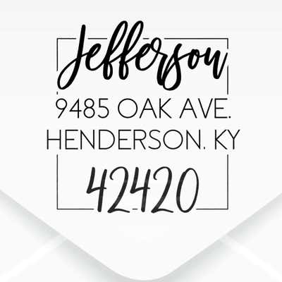 Script Square Border Address Stamp impression on an envelope
