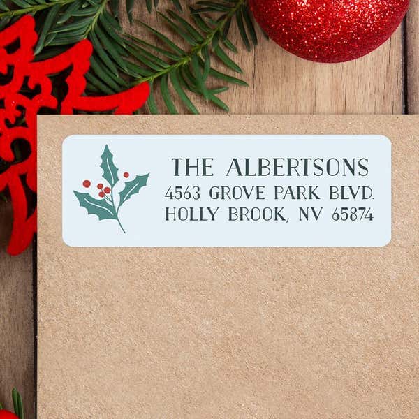 Light Blue Holly Leaf Design Christmas Custom Address Label