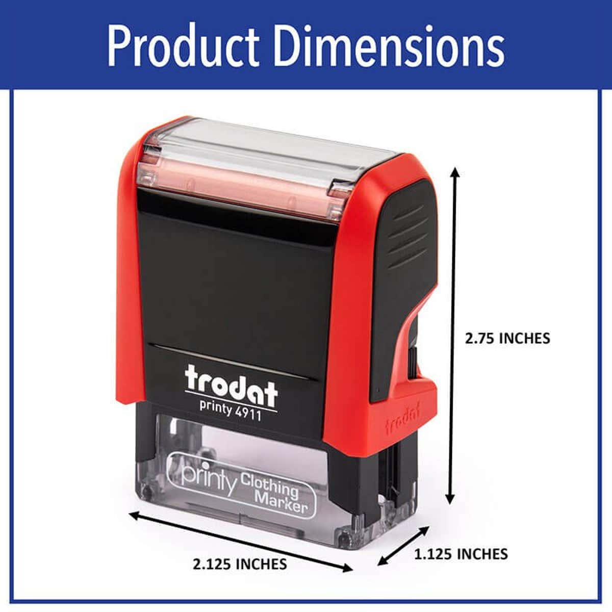 Infographic of Trodat 2911 Clothing Stamp with Exact Size Dimensions