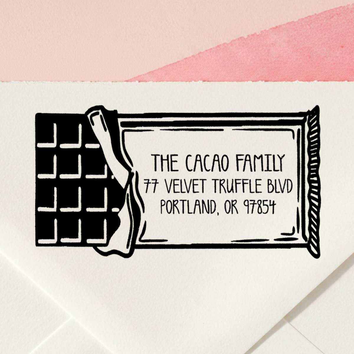 Chocolate Bar Return Address Stamp – personalized chocolate bar design hand drawn by Salt & Paper