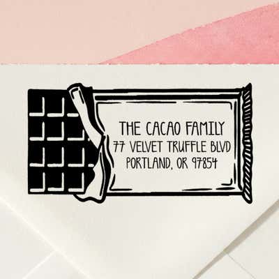 Chocolate Bar Return Address Stamp – personalized chocolate bar design hand drawn by Salt & Paper
