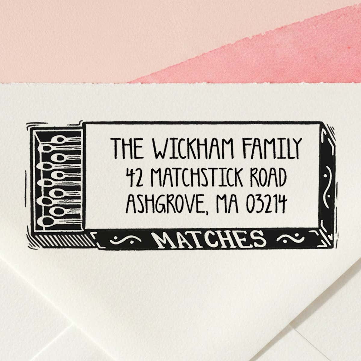 Matchbox Return Address Stamp – personalized matchbox design hand drawn by Salt & Paper