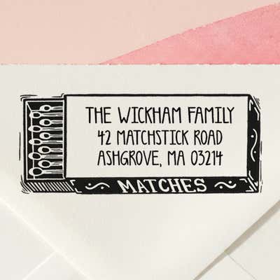 Matchbox Return Address Stamp – personalized matchbox design hand drawn by Salt & Paper