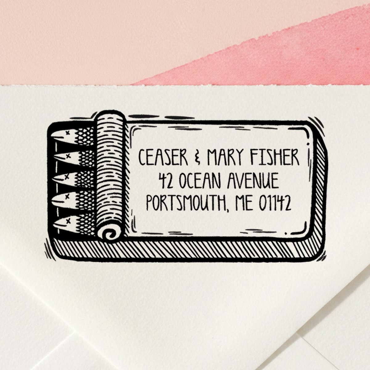Sardine Tin Return Address Stamp – personalized sardine tin design hand drawn by Salt & Paper
