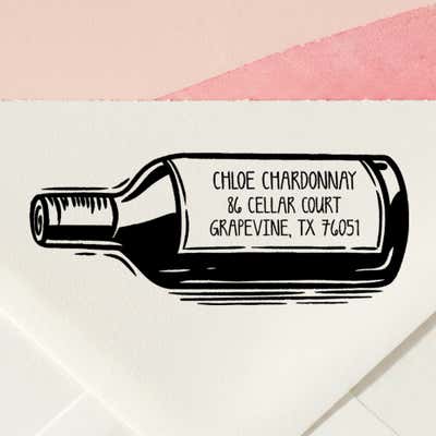 Wine Bottle Return Address Stamp – personalized wine bottle design hand drawn by Salt & Paper