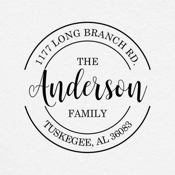 Example of the Anderson Round Return Address Stamp impression on grey textured paper