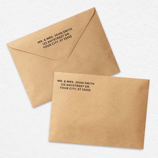 3 Line Stamp Custom Return Address Stamp on a brown envelope  