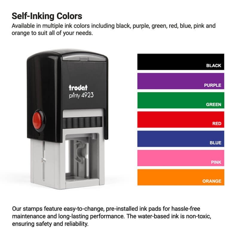 Image of a self-inking stamp. Next to it is a color chart displaying ink options: black, purple, green, red, blue, pink, and orange. Text details the stamps features, including easy-to-change ink pads.