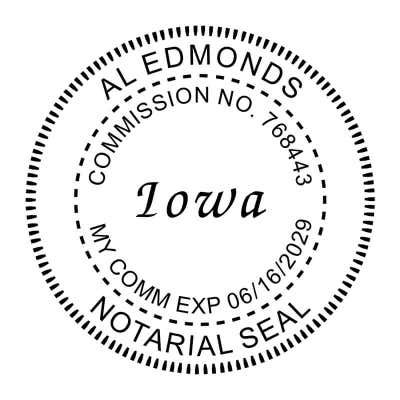 Iowa notary public seal with expiration date, name, and commission number. 