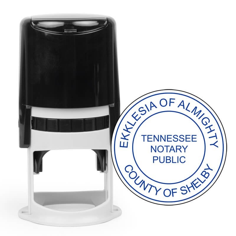 Round notary stamp imprint without date next to stamp body