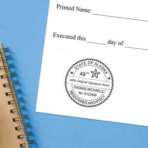 The State of State of Alaska Architect Seal impression at the bottom of a document with a blue background