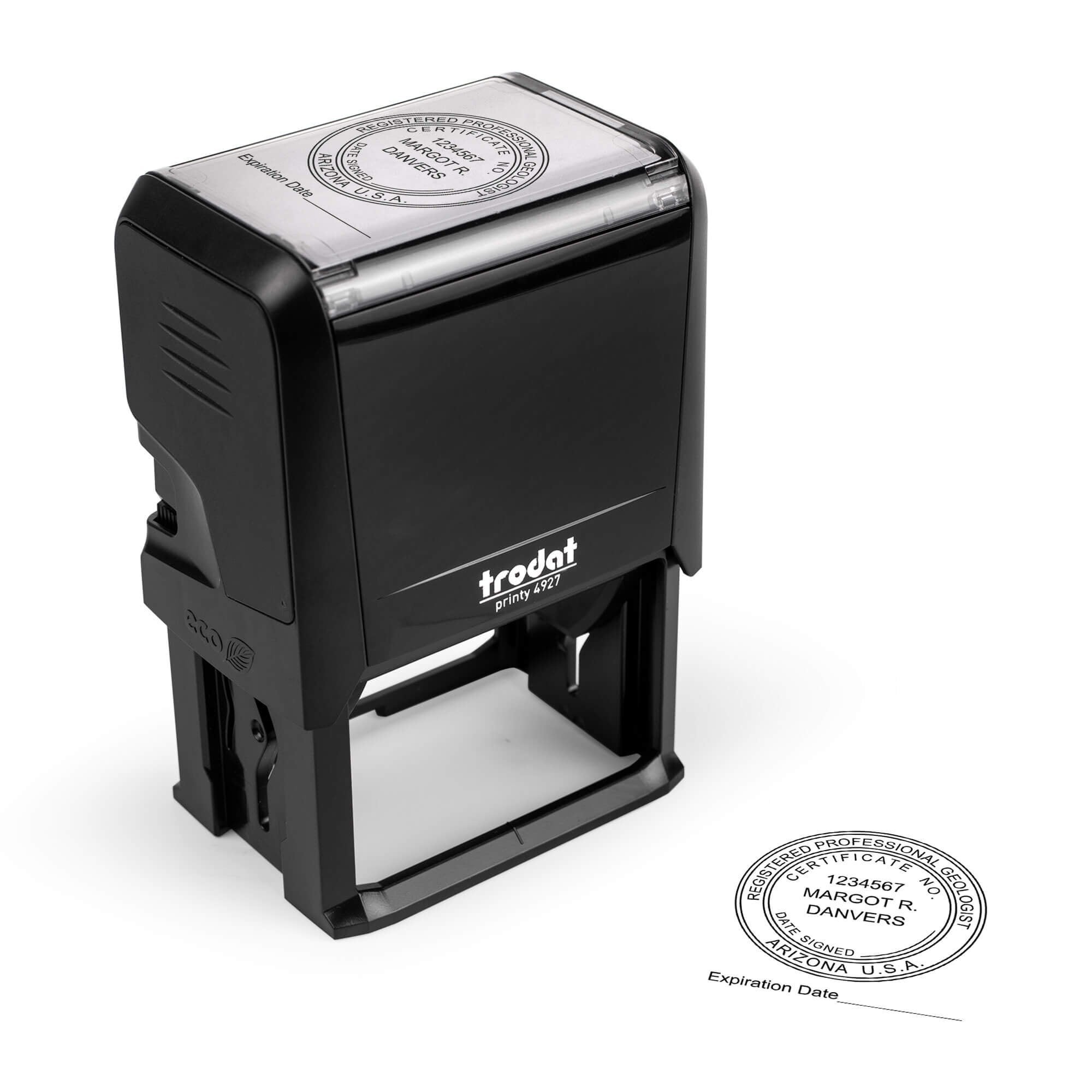 The State of Arizona Geologist with Expiration Seal impression and a self-inking stamp on paper