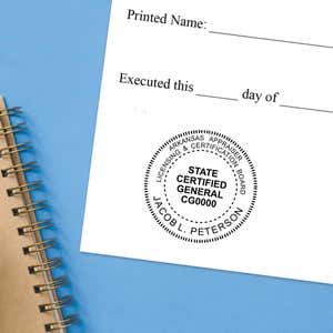 The State of Arkansas Certified General Appraiser Seal impression at the bottom of a document with a blue background