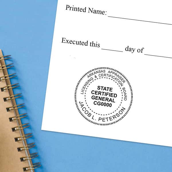 The State of Arkansas Certified General Appraiser Seal impression at the bottom of a document with a blue background
