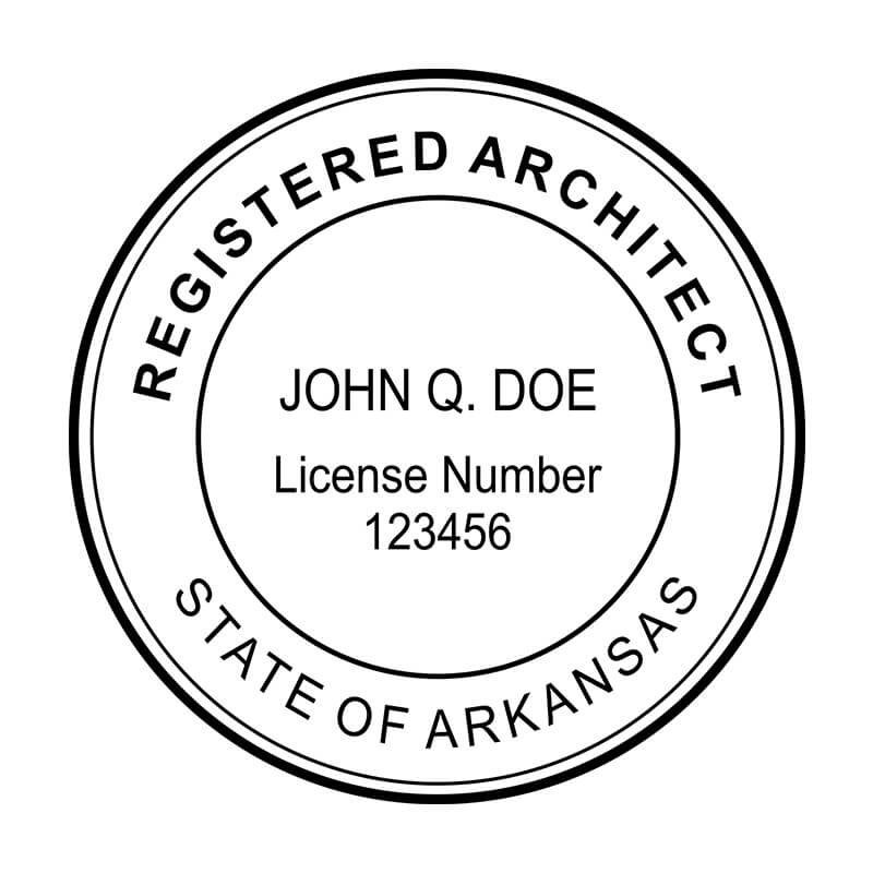 Official State of Arkansas architect seal design with registered architect name and license number.