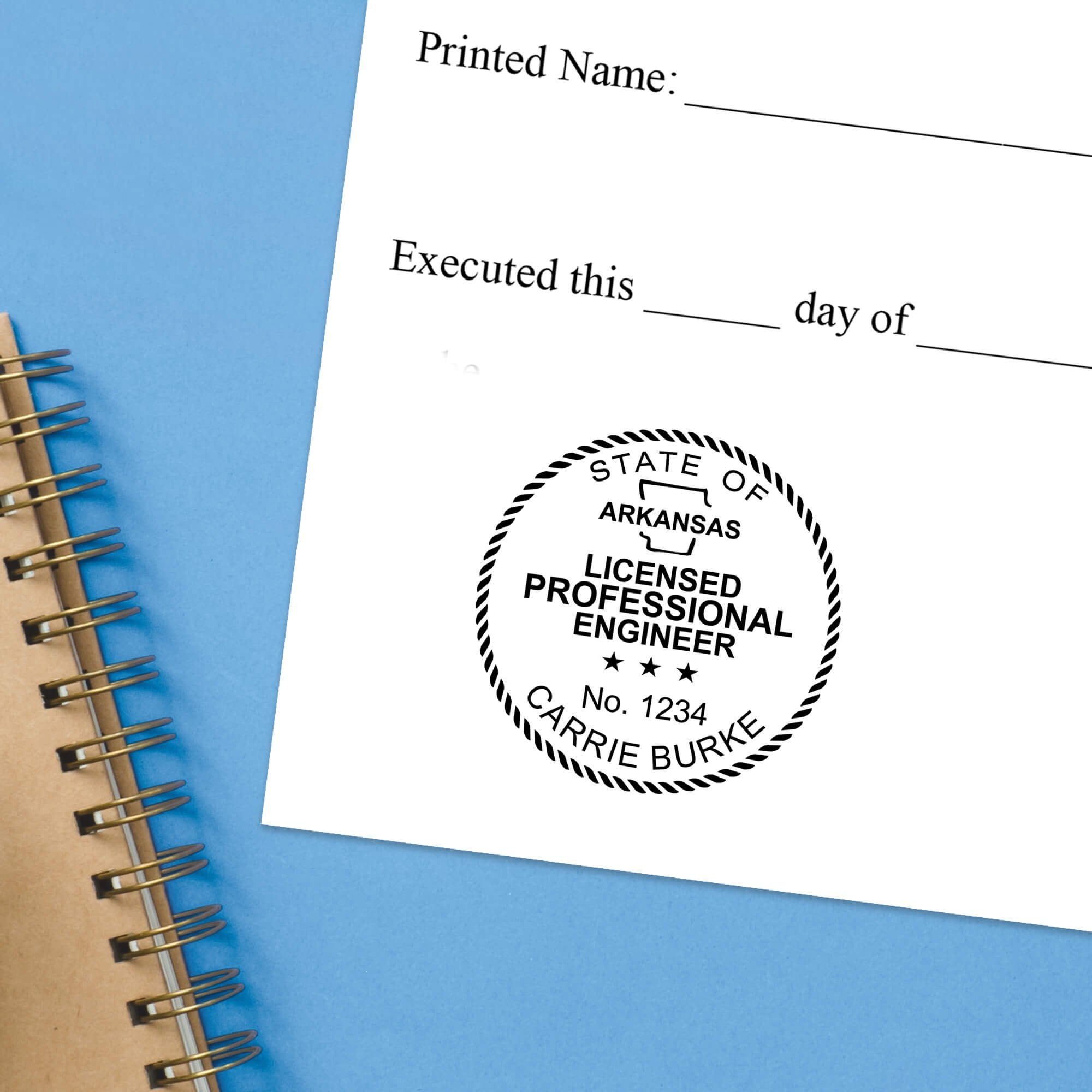The State of Arkansas Engineer Seal impression at the bottom of a document with a blue background