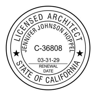 The State of California Architect Seal impression next to the Shiny R-542 self-inking stamp body